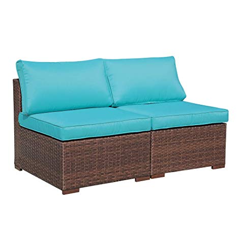 OC Orange-Casual 2 Piece Patio Wicker Armless Chair Outdoor Sofa Couch, Loveseat for Sectional Furniture Sets, Brown Wicker & Turquoise Cushion