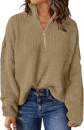 MEROKEETY Women's 2024 Long Sleeve Chunky Knit Sweaters 1/4 Zip Polo V Neck Casual Pullover Tops