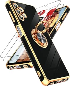 LeYi for Samsung Galaxy A32 5G Case with Tempered Glass Screen Protector [2 Pack] 360° Rotatable Ring Holder Magnetic Kickstand, Plating Rose Gold Edge Protective Case, Black