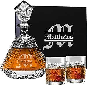 My Personal Memories, Personalized Scotch Whiskey Bourbon Glass 23 oz Decanter - Custom Engraved - Triangle Shape (Decanter and 2 Glasses)