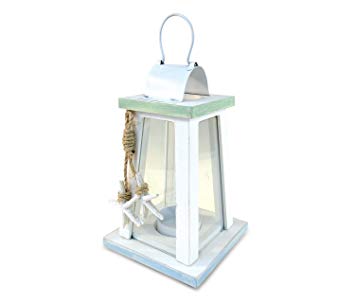 Puzzled Wooden Beach Lantern - White Wood Metal Lanterns with Starfish Rope Accents 6.75 Inch Distressed Hanging and Tabletop Rustic Candle Holder - Unique Home Decor Coastal Lamp - Item 9441-10