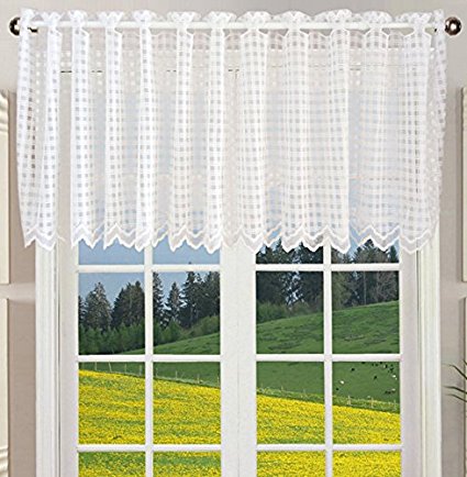 ZHH Lace Window Valance Sheer White Square Lattice Cafe Curtain 17-Inch by 59-Inch
