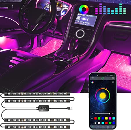 BATHEBRIGHT LED Car Smart Lights Interior USB LED Lights Car Accessories with DIY Mode and Music Mode RGB Color Change Under Dash Lights for Car