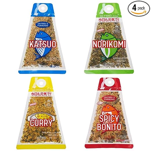 Japanese Rice Furikake (1.7oz x 4 Flavor) Nori Komi, Katsuo, Curry, Spicy Bonito - Umami Flakes, Seasoning, Rice Balls, Onigiri, Soup, and use for all purpose Pack of 4 (1.7oz/4 Flavor)