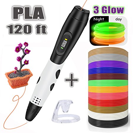 3D Pen with PLA Filament Refills, 【morease】 Upgraded 3D Drawing Printer Printing Pen with 120 ft PLA Refills [3 Glow PLA] for Kids Adults DIY Arts Crafts Model Making, Non-Toxic and LCD Display