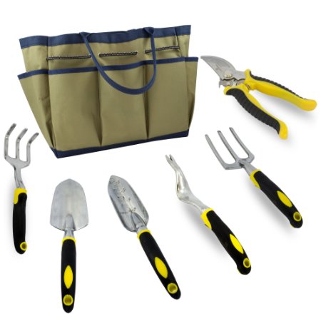 7 Piece Garden Tool Set, Durable, Heavy Duty Aluminum Alloy with Ergonomic Soft Touch Handles and Tool Bag
