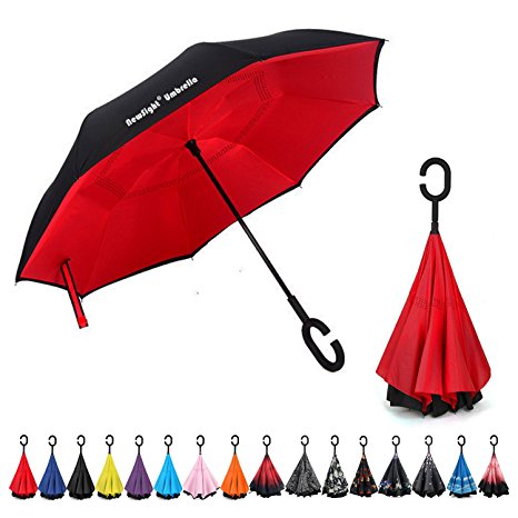NewSight Reverse/Inverted Double-Layer Waterproof Straight Umbrella, Self-Standing & C-Shape Handle & Carrying Bag for Free Hands, Inside-Out Folding for Car Use