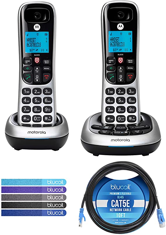 Motorola CD4012 DECT 6.0 Cordless Phones with Digital Answering Machine and Call Block (2-Pack) Bundle with Blucoil 10-FT 1 Gbps Cat5e Cable, and Reusable Cable Ties (5-Pack)