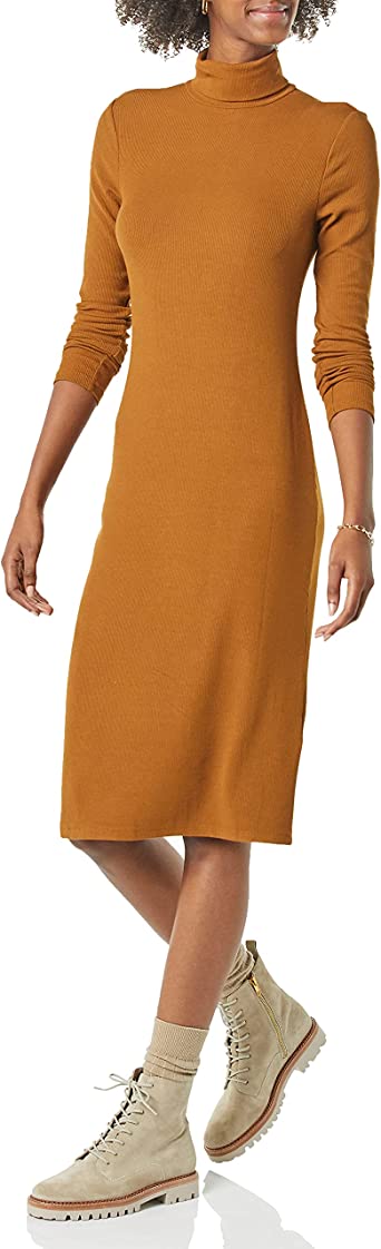 Daily Ritual Women's Fine Rib Long-Sleeve Turtleneck Midi Dress