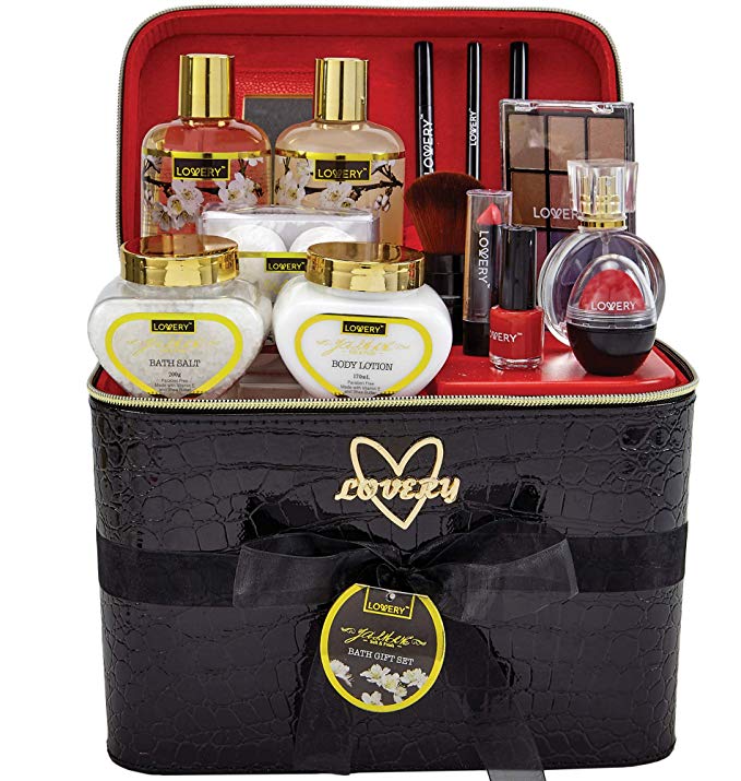 Premium Bath and Body Gift Basket For Women – 30 Piece Set, Floral Jasmine Home Spa and Makeup Set, Includes Cosmetic Pencils, Lip Balms, Lotions, Perfume, Black Leather Cosmetic Bag and Much More