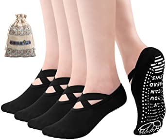 SEVENS Yoga Socks for Women Non Slip Grip Socks for Pilates Barre Ballet Home& Hospital with Grips & Straps, 4 Pack…