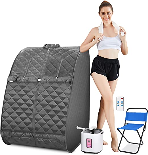 Mauccau Portable Sauna for Home, Personal Steam Sauna Spa, One Person Indoor Sauna, 2.5L Sauna Tent with Foldable Chair Timer Remote Control (32 x 32 x 40.5inch, Gray)