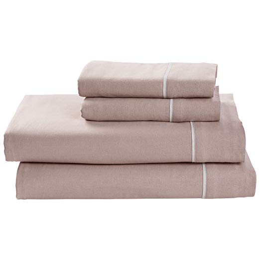 Rivet Contrast Hem Breathable Cotton Linen Sheet Set, Full, Lilac/White