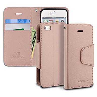 iPhone SE Case, ModeBlu [Classic Diary Series] [Rose Gold] Wallet Case ID Credit Card Cash Slots Premium Synthetic Leather [Stand View] for Apple iPhone SE, 5 & 5s