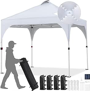 Yaheetech 10x10ft Pop-Up Canopy Tent with 17 Solar LED Lights, Outdoor Garden Gazebo, Ez Set-up Instant Sun Shelter Tent w/Wheeled Bag, 4 Sandbags, Ropes & 12 Stakes for Parties, Beach, Camping, White