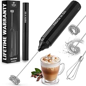 Zulay Kitchen Powerful Rechargeable Milk Frother with Case - Froth N Go Compact Handheld Foam Maker for Lattes - Travel Electric Whisk Drink Mixer for Coffee - 3 Whisk Attachments - Black