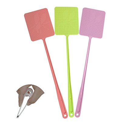 Fly Swatter Plastic Material Long Handle with Clip, Both Soft And Flexible (3 Pack)