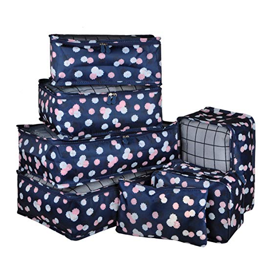 Vercord 7 Set Travel Packing Organizers Cubes Mesh Luggage Cloth Bag Cubes With Bra/Underwear Cube and Shoe Pouch, Navy Flower