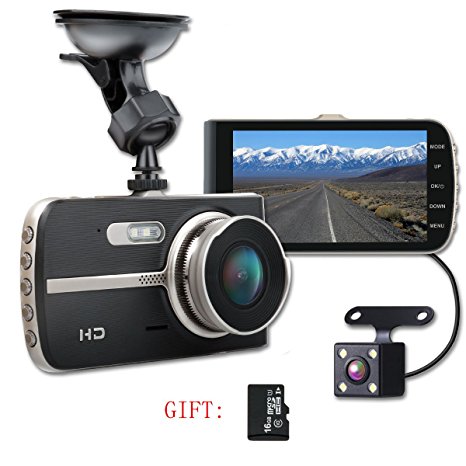 SHISHUO Dash Cam, 1080P HD 4 Inch Screen Dual Cameras Front and Rear, Vehicle On-dash Video Recorder, Parking Monitoring, HDR Night Vision, Motion Detection, Built In G-Sensor, 16G Micro SD Card.