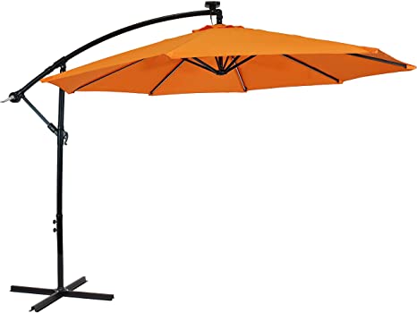 Sunnydaze Outdoor Cantilever Offset Patio Umbrella with Solar LED Lights - Outside Waterproof Polyester Shade Steel Pole - Air Vent, Cross Base and Crank - 9-Foot - Tangerine