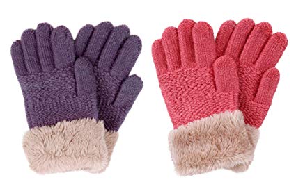 2 & 3 Pack Kids Touchscreen Winter Knit Gloves with Faux Fur Cuff