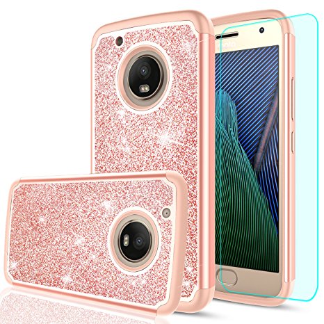 Moto G5 Plus Glitter Case,Moto X 2017 Case with HD Screen Protector,LeYi Girls Women Hybrid Soft TPU Hard PC Dual Layer Shock Absorption Protective Case for Moto G Plus (5th Generation) TP Rose Gold