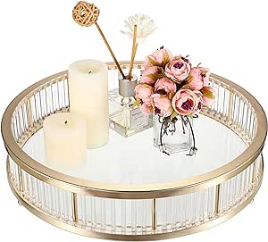 Hipiwe Gold Metal Perfume Tray - 12" Round Vanity Makeup Tray Jewelry Trinket Organizer Tray Coffee Table Decorative Tray Dresser Bathroom Tray with Acrylic Column Decor and Clear Glass Base