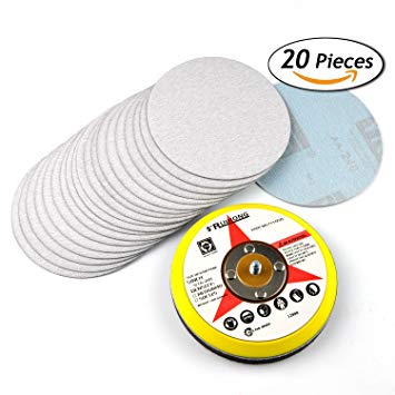 5-Inch 240 Grit Aluminum Oxide White Dry Hook and Loop Sanding Discs with a 5/16-24 Inch Thread Backing Pad   Soft Sponge Buffering Pad, 20-Pack