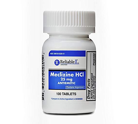 RELIABLE 1 LABORATORIES Meclizine 25 mg Generic Bonine Motion Sickness (100 Chewable Tablets, 1 Bottle) - Prevent nausea, vomiting, and dizziness caused by motion sickness