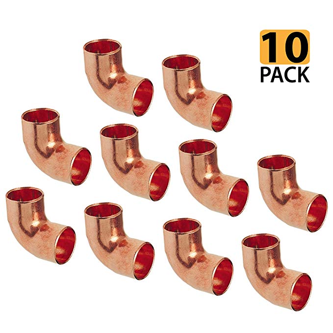 PROCURU Copper 1/2-Inch 90-degree Elbow CxC, Short-Turn Copper Fitting for Plumbing, Professional Grade Lead-Free-Certified (1/2", 10-Pack)