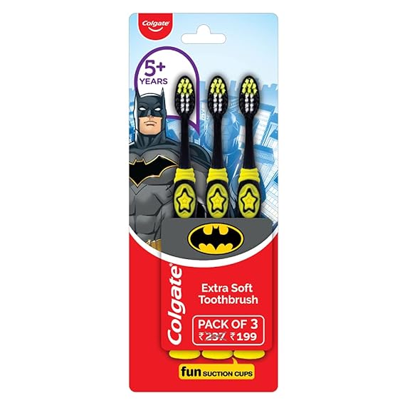 Colgate Kids Batman Manual Toothbrush, Extra-soft Bristles and Built-in Tongue Cleaner, Compact Head and Non-Slip Handle (Pack of 3,Multicolor)