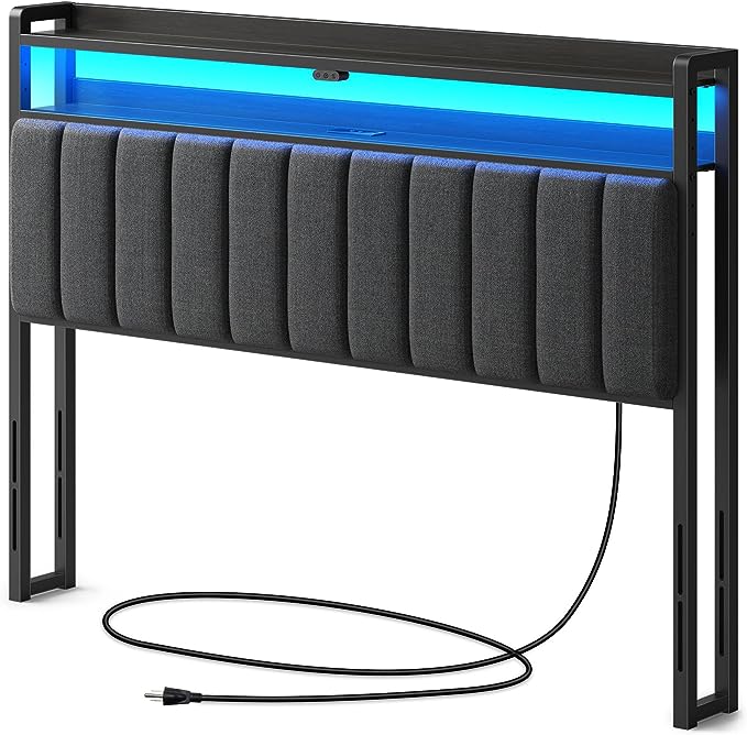 Rolanstar Headboard for Queen Size Bed with Storage, 60,000 DIY Color of LED Light, Head Board with USB & Type C Port, Height Adjustable, Black Upholstered Cabeceras de Cama Comfortable Modern, Stable