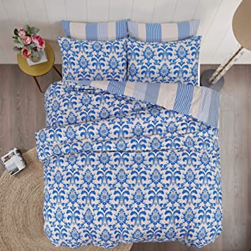 Linen Zone - 100% Cotton Reversible Printed Duvet Cover Set - Carefree (Istambul Royal Blue, King)