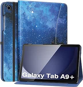 MoKo Case for Samsung Galaxy Tab A9 Plus 11" 2023 (SM-X210/SM-X216/SM-X218), PU Leather Multi-Angle Viewing Folding Stand Cover Case with Hand Strap, Front Pocket, Auto Wake/Sleep, Blue Starry Sky