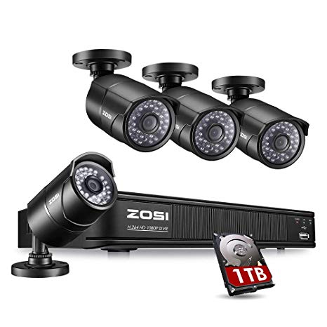 ZOSI 8 CH PoE Security Camera System 1080p, 8 Channel NVR Recorder with (4) 2.0 Megapixel 1920x1080p Surveillance Bullet IP Camera Outdoor/Indoor,100ft Long Night Vision (1TB Hard Drive Built-in)