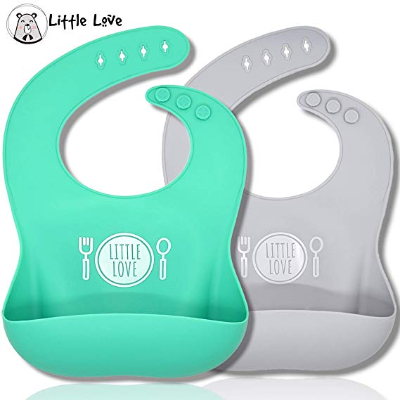 Premium Waterproof Silicone Baby Bibs | Ideal Baby Weaning bib | Wide Food Pocket | For Infant & Toddlers | Wipe Clean | Unisex bibs | Reusable | Compact | Adorable Modern Colours by Little Love 2 pcs