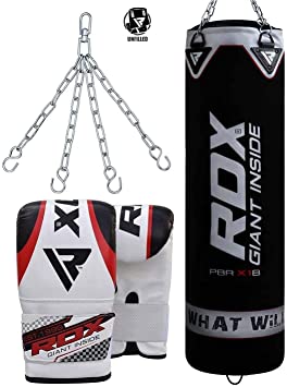 RDX Punching Bag UNFILLED Set Kick Boxing Heavy MMA Training with Gloves Punching Mitts Hanging Chain Muay Thai Martial Arts 4FT 5FT