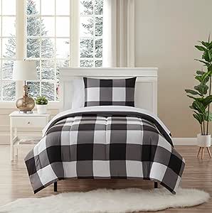 5 Piece Comforter Set Bed in a Bag Buffalo Check Christmas Print All Season Soft Down Alternative Bedding Comforter Set & Luxurious White Microfiber Bed Sheets, Twin, Buffalo Plaid Black/White