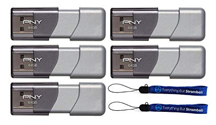 PNY 64GB USB 3.0 Flash Drive Elite Turbo Attache 3 (Five Pack Bundle) Model P-FD64GTBOP-GE Plus (2) Everything But Stromboli (TM) Lanyard