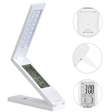 Folding LED Desk Lamp Eye-Care Portable USB Rechargeable Touch Control Lamp with Alarm Clock Calendar Temperature Display KEEDA® (White)