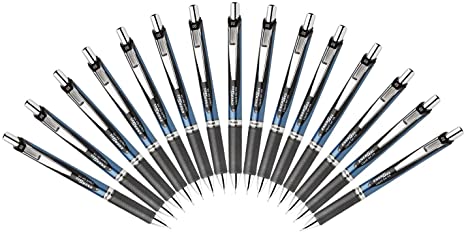 Pentel EnerGel Deluxe RTX Retractable Liquid Gel Pen - 0.5mm - Fine Line - Needle Tip - Black Ink/ Blue&Black Body/Total 15Pens Set