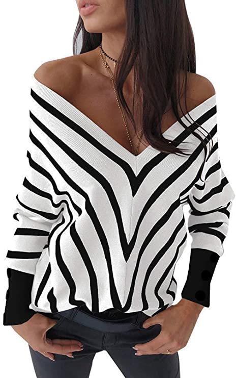 Asvivid Color Block Striped V Neck Sweater for Women Long Sleeve Knit Pullover Jumper Tops