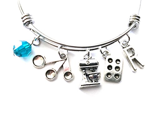 Baking / Baker themed personalized bangle bracelet. Antique silver charms and a genuine Swarovski birthstone colored element.