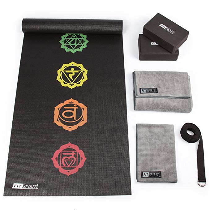 Fit Spirit Yoga Starter Set Kit - Includes 3mm PVC Exercise Mat, Yoga Block, Yoga Towels, Yoga Strap