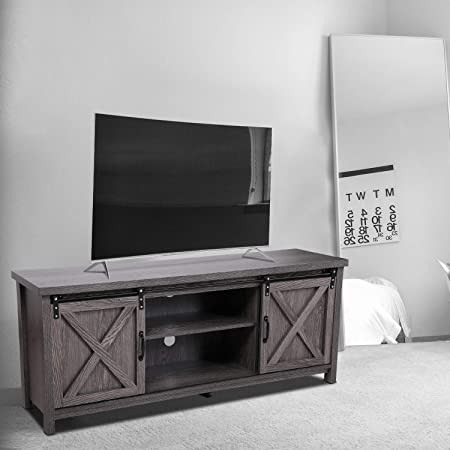 JAXPETY Wooden Farmhouse Style 58 Inch TV Stand w/Storage Shelves, Entertainment Center and Sliding Wood Barn Doors, Television Stands Cabinet Console for Living Room Bedroom, Dark Gray