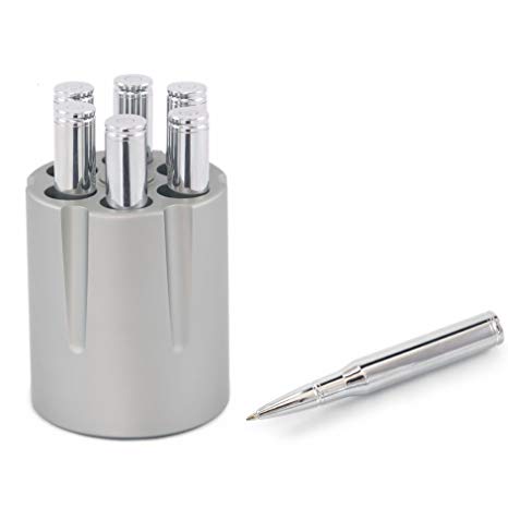 Silver Bullet Revolver Pen Holder with 6 Refillable 30 Caliber Bullet Pens