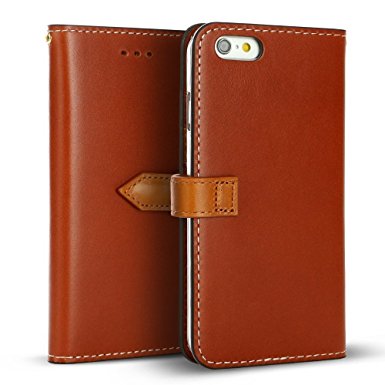 iPhone 6s / 6 Case (4.7"), DESIGNSKIN WETHERBY PREMIUM BASIC SNAP : Luxury 100% Handcrafted Genuine Leather Folio Adjustable Flip Unique ID Credit Card Holder Wallet Case (Red Brown)