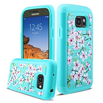 Galaxy S7 Active Case, Heng Tech (TM) Flower Design Studded Rhinestone Crystal Bling Hybrid Dual Layer Armor Defender Case Cover for Samsung Galaxy S7 Active (Turquoise / Turquoise)