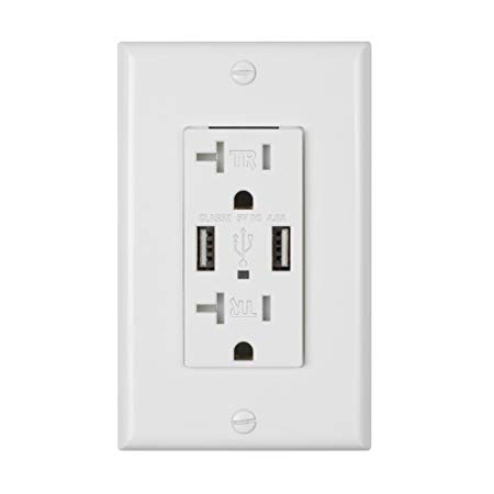 BN-LINK In-Wall Electrical Outlet with Dual 4.8A High Speed USB Charger Outlet, 20A Tamper-Resistant Receptacle Outlet, White