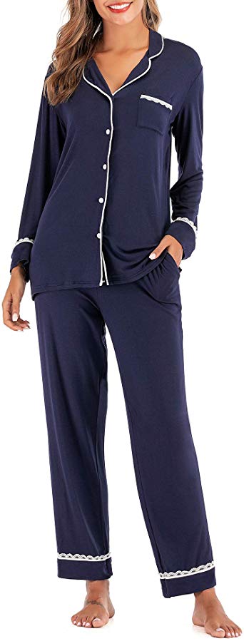DLOREUK Women's Pajamas Set, Long Sleeve Cotton Sleepwear Button Down Nightwear Soft Pj Lounge Sets S-XXL
